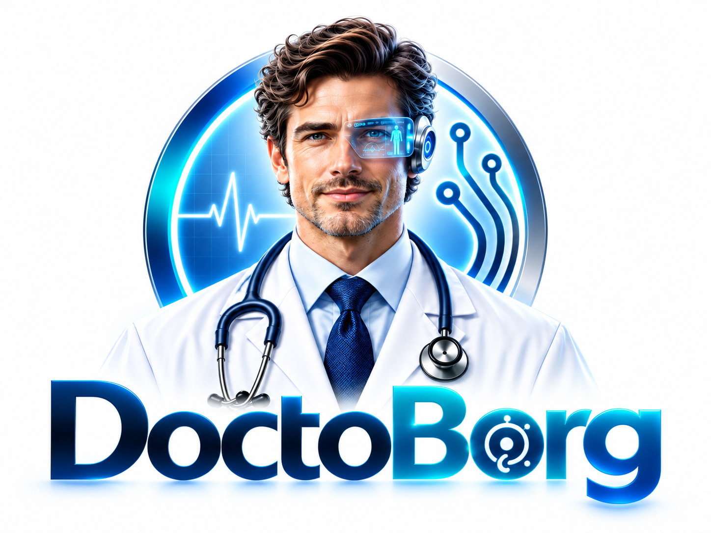 Identité DoctoBorg : médecin augmenté, cercle bleu et nom complet